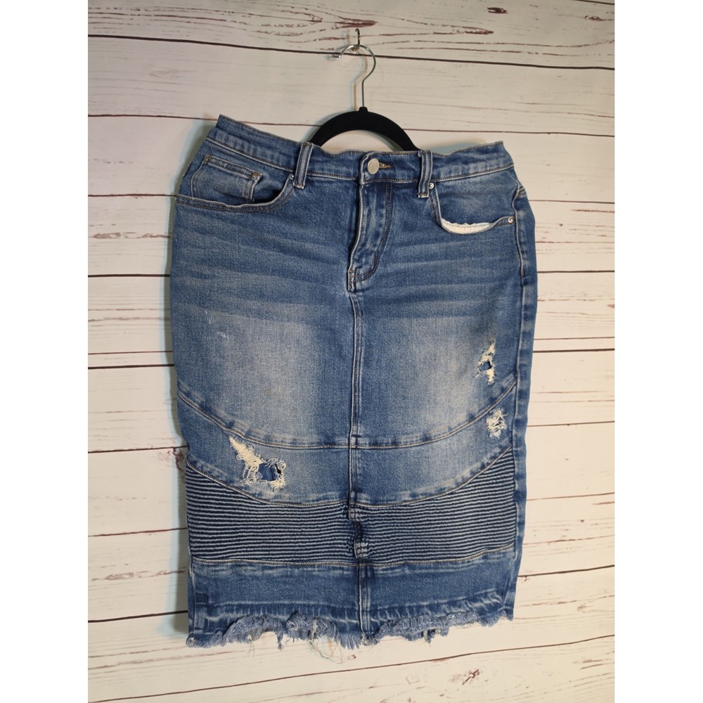 Skirted Fancy Denim Moto Pencil Skirt Medium Wash Distressed Frayed Hem Size M